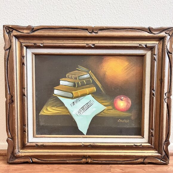 Vintage Still Life Oil Painting Signed "Cocker" - Books, Sheet Music, Apple - Picture 1 of 9